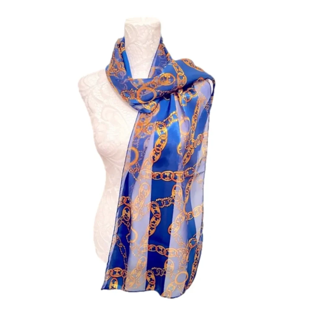 Royal Blue & Gold Chain-Print Sheer Scarf